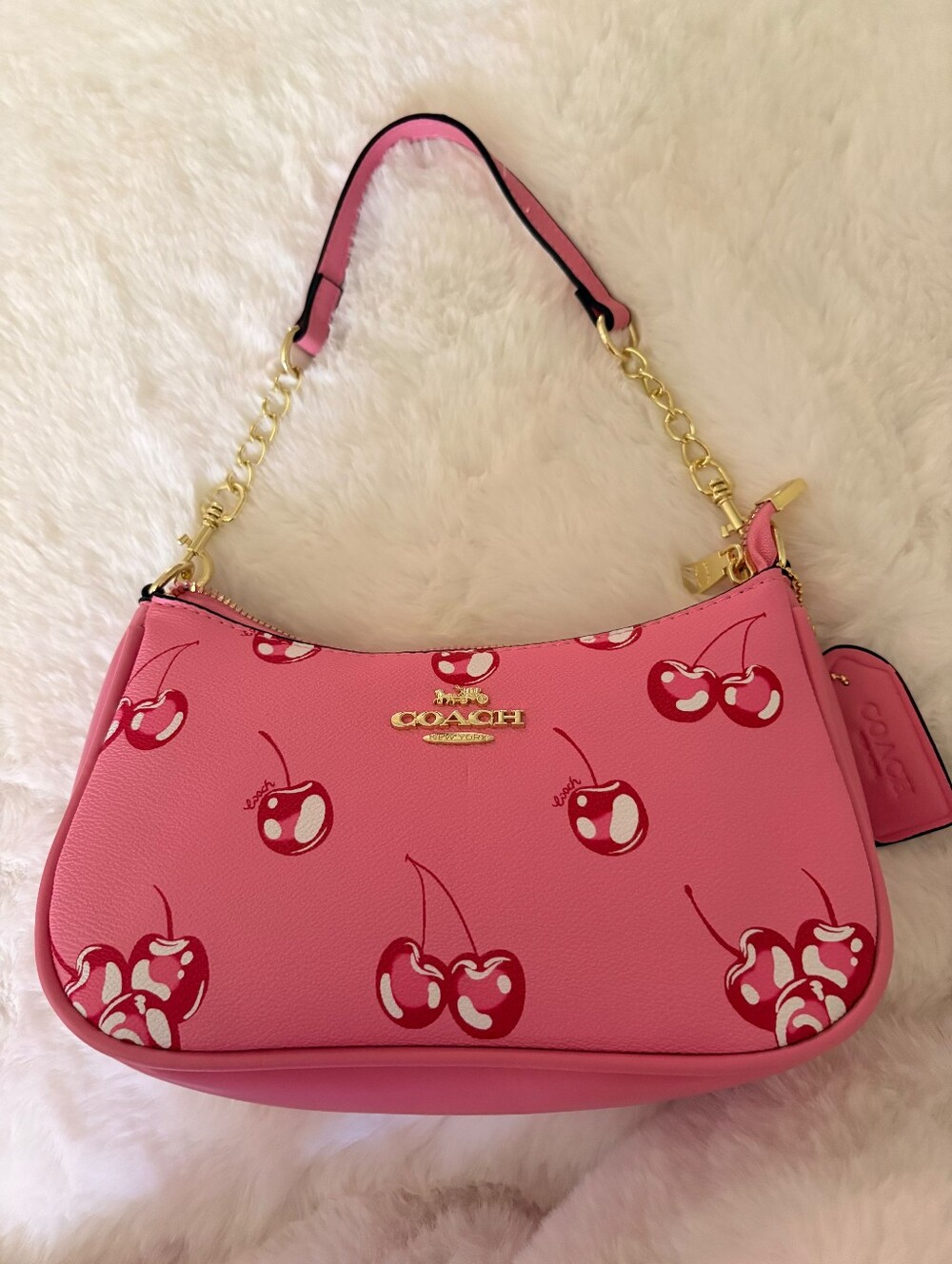 Coach Pink Cherry Print Shoulder Bag with Gold Hardware